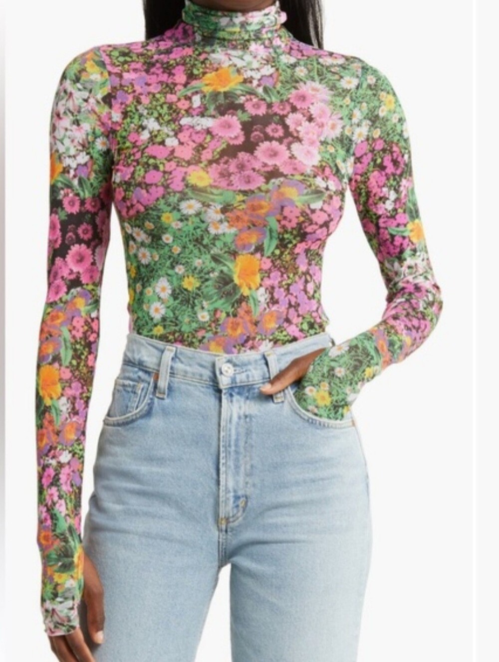 AFRM Sheer Floral Mockneck Blouse w/Thumbholes NWT Med